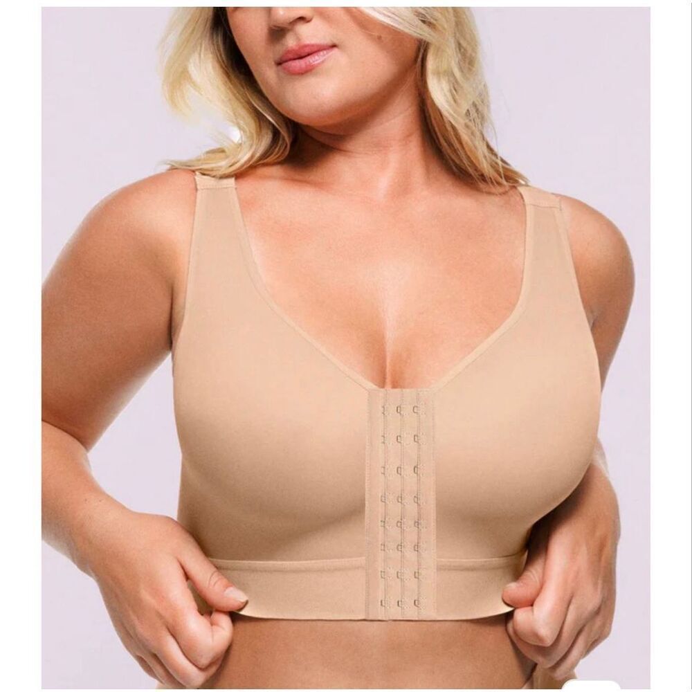 Shapellx tan unlined wireless front clasp bra size medium NWOT